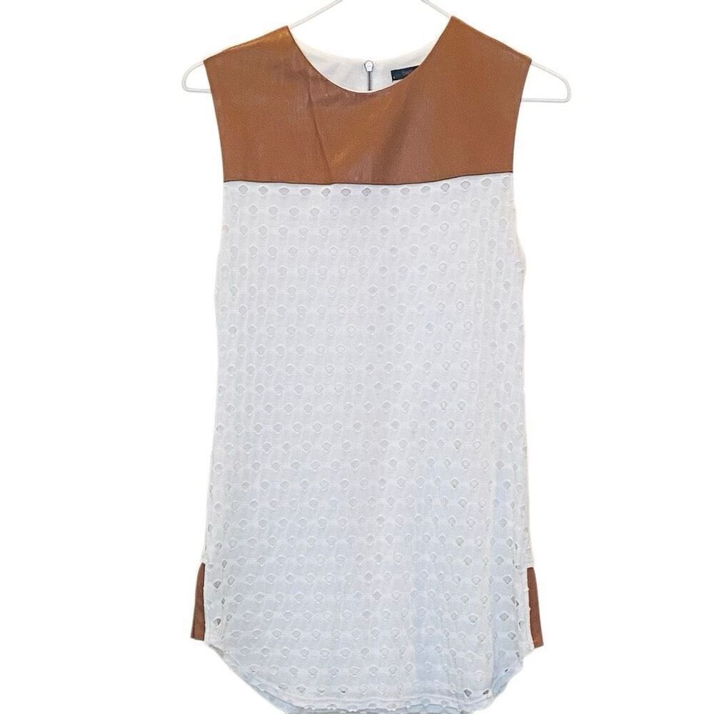 Twenty Colorblock Sleeveless Cutout Leather Trim Blouse White Brown PS